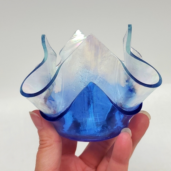 Vintage fused art glass  handkerchief  style tea light holder - Picture 3 of 7